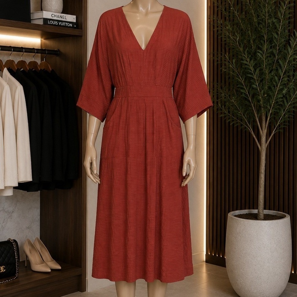 ASOS Women Midi Dress Rust Orange Textured V-Neck Pockets Back Tie Size 8